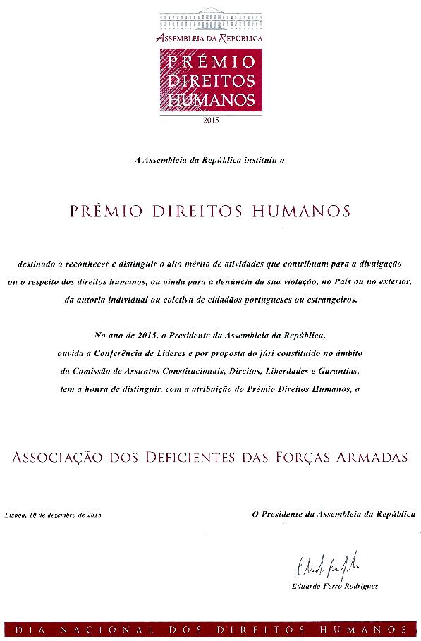Diploma Prémio Direitos Humanos 2015